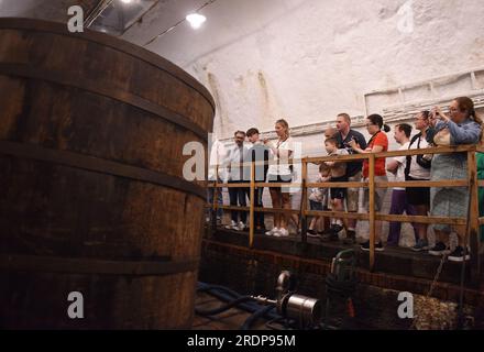 Pilsen, Repubblica Ceca. 22 luglio 2023. I visitatori potranno visitare la fabbrica di birra Pilsner Urquell a Pilsen, Repubblica Ceca, il 22 luglio 2023. Credito: He Canling/Xinhua/Alamy Live News Foto Stock