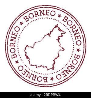 Timbro in gomma tondo del Borneo con mappa dell'isola. Timbro passaporto rosso vintage con testo circolare e stelle, illustrazione vettoriale. Illustrazione Vettoriale