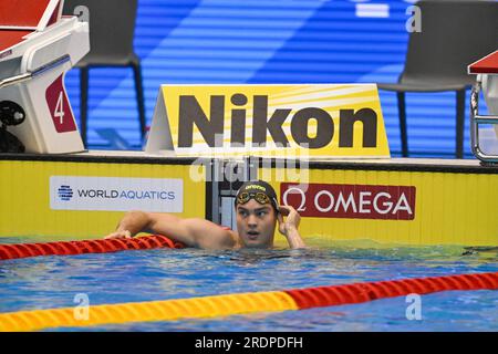 Fukuoka, Giappone. 23 luglio 2023. FUKUOKA, GIAPPONE - 23 LUGLIO: Nyls Korstanje dei Paesi Bassi dopo aver gareggiato in Men 50m Butterfly il giorno 10 dei Campionati mondiali di acquari Fukuoka 2023 alla Marine Messe Fukuoka Hall A il 23 luglio 2023 a Fukuoka, Giappone (foto di Nikola Krstic/BSR Agency) credito: BSR Agency/Alamy Live News Foto Stock