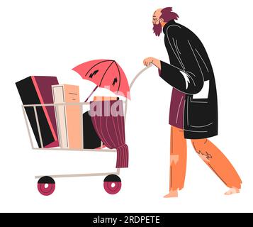 Povertà e senzatetto, personaggio maschile isolato che spinge trolley con oggetti personali in scatole con ombrello. Senzatetto, povero uomo ha perso j Illustrazione Vettoriale