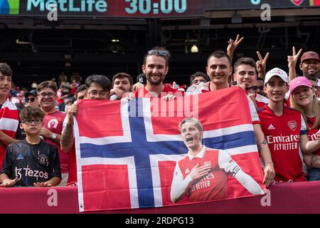 East Rutherford, USA. 22 luglio 2023. I tifosi dell'Arsenal FC e del Manchester United assistono alla partita amichevole allo stadio MetLife di East Rutherford, New Jersey, il 22 luglio 2023. (Foto di Lev Radin/Sipa USA) credito: SIPA USA/Alamy Live News Foto Stock