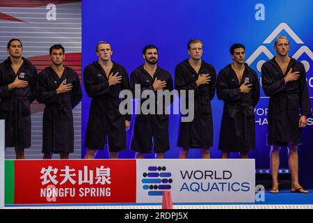 Fukuoka, Giappone. 23 luglio 2023. FUKUOKA, GIAPPONE - 23 LUGLIO: Players of USA durante il World Aquatics Championships 2023 Men's crossover match tra USA e Canada il 23 luglio 2023 a Fukuoka, Giappone (foto di Albert Ten Hove/Orange Pictures) credito: Orange Pics BV/Alamy Live News Foto Stock