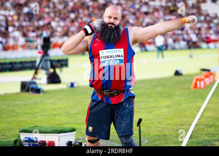 Madrid, Madrid, Spagna. 22 luglio 2023. Carlos TOBALINA gareggia nella finale di tiro maschile durante il .WACT/Europe Silver Athletics Meeting celebrato a Madrid, in Spagna allo stadio Vallehermoso sabato 22 luglio 2023 (Credit Image: © Alberto Gardin/ZUMA Press Wire) SOLO PER USO EDITORIALE! Non per USO commerciale! Foto Stock