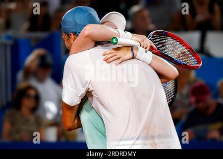 Leandro Riedi e Celine Naef per la squadra svizzera contro Holger Rune e Clara Tauson per la squadra danese durante la Hopman Cup 2023, ITF World Mixed Team Championships il 19 luglio 2023 al Nice Lawn Tennis Club di Nizza, Francia - foto Emilie Lohmann / OLLI Media / DPPI Foto Stock