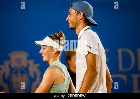 Leandro Riedi e Celine Naef per la squadra svizzera contro Holger Rune e Clara Tauson per la squadra danese durante la Hopman Cup 2023, ITF World Mixed Team Championships il 19 luglio 2023 al Nice Lawn Tennis Club di Nizza, Francia - foto Emilie Lohmann / OLLI Media / DPPI Foto Stock