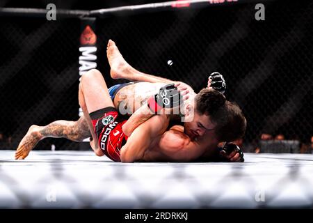 LONDRA, REGNO UNITO. 22 luglio 2023. Nathaniel Wood vs Andre fili - Featherweight Bout durante UFC Fight Night: Aspinal vs Tybura alla O2 Arena sabato 22 luglio 2023 a LONDRA, in INGHILTERRA. Crediti: Taka G Wu/Alamy Live News Foto Stock