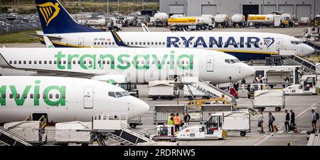 EINDHOVEN - i viaggiatori all'aeroporto di Eindhoven salgono a bordo di un aereo da Transavia a Rodi. Transavia continuerà a volare verso l'isola greca per il momento. La compagnia aerea, tuttavia, si tiene in contatto con le autorità per monitorare la sicurezza. Gli incendi infuriano nel sud di Rodi. ANP ROB ENGELAAR netherlands Out - belgium Out Foto Stock