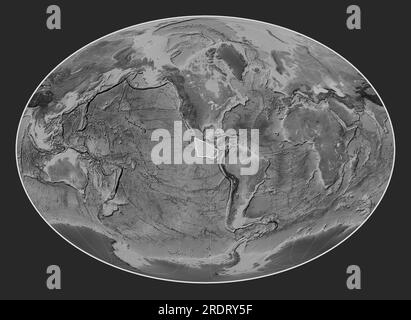 Placca tettonica Cocos sulla mappa di elevazione in scala di grigi nella proiezione Fahey Oblique centrata a sud e latitudinalmente. Foto Stock