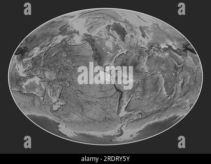Placca tettonica Cocos sulla mappa di elevazione in scala di grigi nella proiezione Fahey Oblique centrata a sud e latitudinalmente. Confini dell'altra piastra Foto Stock