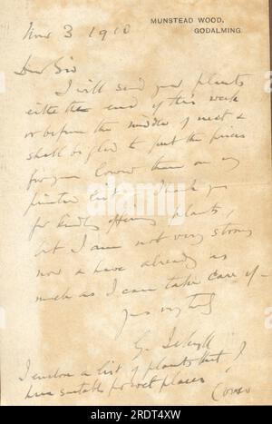 Lettera manoscritta di Gertrude Jekyll, Munstead Wood, Godalming, Surrey, in risposta alla richiesta del cliente per gli stabilimenti 1910 Foto Stock