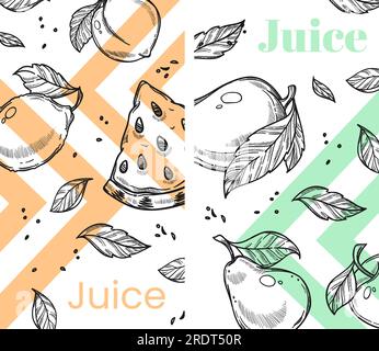 Succo d'anguria e pera o gusto frullato. Liquido dolce, bevanda per l'estate, bevanda rinfrescante. Poster monocromatico con frutta. Cafe o ristorante me Illustrazione Vettoriale