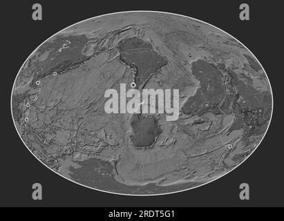 Placca tettonica delle Shetland sulla mappa di elevazione bilivello nella proiezione Fahey Oblique centrata meridionalmente e latitudinalmente. Luoghi di terremoti Foto Stock