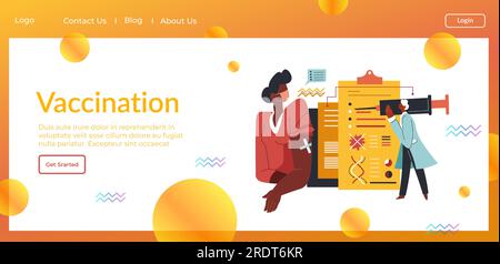 Prevenire le malattie del coronavirus con la vaccinazione e l'immunizzazione delle persone. Iniezioni e colpi alla popolazione. Docs e scienziati in clinica. Websit Illustrazione Vettoriale
