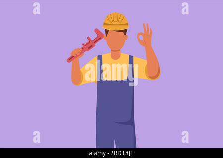 Cartoni animati disegno idraulico maschio che tiene la chiave per scimmia e indossa il casco con un gesto discreto, pronto a lavorare per riparare perdite drenaggio nel lavandino e. Foto Stock