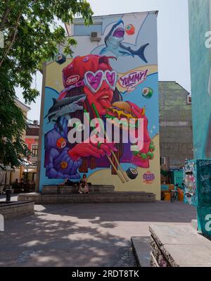 Arte di strada nel quartiere di Kapana nella città di Plovdiv, Bulgaria. La città più antica d'Europa Foto Stock