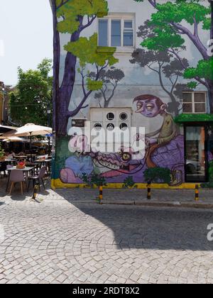 Arte di strada nel quartiere di Kapana nella città di Plovdiv, Bulgaria. La città più antica d'Europa Foto Stock