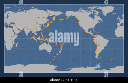 Forma della piastra tettonica Kermadec sulla mappa del contorno solido nella proiezione cilindrica Patterson centrata a sud. Luoghi di terremoti Illustrazione Vettoriale