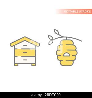 Set di icone vettoriali Beehive, Wild e artificiali. Alveare delle api, icone delle linee degli alveari. Illustrazione Vettoriale