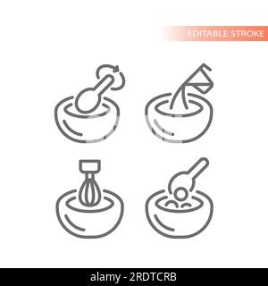 Mescolare il recipiente per gli alimenti, mescolare con le icone della frusta o della linea della frusta. Mixer, aggiunta di ingredienti, set di icone vettore di cottura. Illustrazione Vettoriale