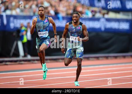 LONDRA, Regno Unito - 23 luglio 2023: Noah Lyles degli Stati Uniti vince l'evento Mens 200m durante il London Athletics Meet, parte della serie Diamond League 2023 al London Stadium. Crediti: Craig Mercer/Alamy Live News Foto Stock