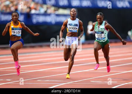 LONDRA, Regno Unito - 23 luglio 2023: Marie-Josee Ta Lou della Costa d'Avorio vince l'evento Women's 100m da Dina Asher-Smith della Gran Bretagna e Shericka Jackson della Giamaica durante il London Athletics Meet, parte della serie Diamond League 2023 al London Stadium. Crediti: Craig Mercer/Alamy Live News Foto Stock