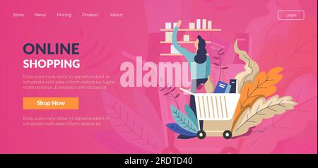 Donna carattere ordinare prodotti da internet. Shopping online e consegna rapida. Ripiani con prodotti, carrello e ragazza acquisto. Sito Web Illustrazione Vettoriale