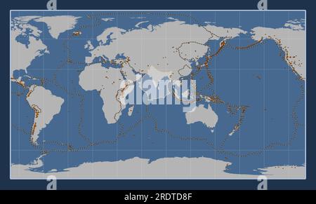 Placca tettonica indiana sulla mappa del contorno solido nella proiezione cilindrica Patterson centrata meridionalmente. Distribuzione di vulcani noti Illustrazione Vettoriale