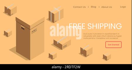 Azienda logistica che aiuta a consegnare gli ordini in tempo. Promozione dal negozio per ottenere la spedizione gratuita per i clienti fedeli e clienti. Temp. Sito Web o pagina Web Illustrazione Vettoriale