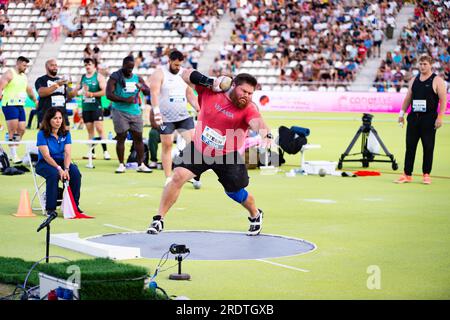 Madrid, Spagna. 22 luglio 2023. Roger Steen gareggia durante il WACT/Europe Silver Athletics Meeting celebrato allo stadio Vallehermoso di Madrid. (Foto di Alberto Gardin/SOPA Images/Sipa USA) credito: SIPA USA/Alamy Live News Foto Stock