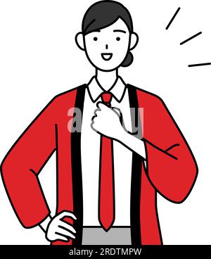 Donna che indossa un cappotto felicità rosso che batte il petto, Vector Illustration Illustrazione Vettoriale