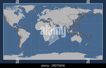 Placca tettonica somala sulla mappa di contorno solido nella proiezione cilindrica Patterson centrata meridionalmente. Distribuzione di vulcani noti Illustrazione Vettoriale