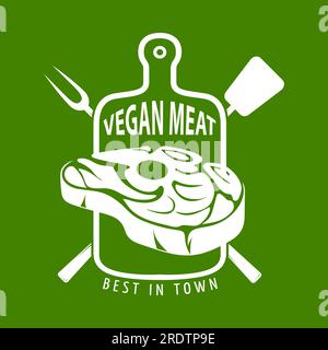 Logo Vegetarian Meat Premium. Logo di carne a base vegetale. Bistecca vegana con disegno vettoriale delle foglie. Carne vegana a base di piante. Illustrazione Vettoriale