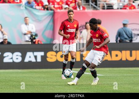 East Rutherford, New Jersey, USA. 22 luglio 2023. Kobbie Mainoo (37) del Manchester United controlla la palla durante l'amichevole contro l'Arsenal FC al MetLife Stadium di East Rutherford, NJ Il United ha vinto 2 a 0. (Immagine di credito: © Lev Radin/Pacific Press via ZUMA Press Wire) SOLO USO EDITORIALE! Non per USO commerciale! Foto Stock