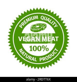 Logo Vegetarian Meat Premium. Logo di carne a base vegetale. Bistecca vegana con disegno vettoriale delle foglie. Carne vegana a base di piante. Illustrazione Vettoriale