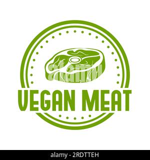 Logo Vegetarian Meat Premium. Logo di carne a base vegetale. Bistecca vegana con disegno vettoriale delle foglie. Carne vegana a base di piante. Illustrazione Vettoriale