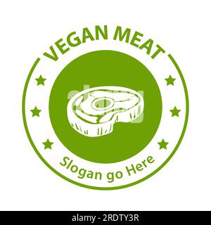 Logo Vegetarian Meat Premium. Logo di carne a base vegetale. Bistecca vegana con disegno vettoriale delle foglie. Carne vegana a base di piante. Illustrazione Vettoriale