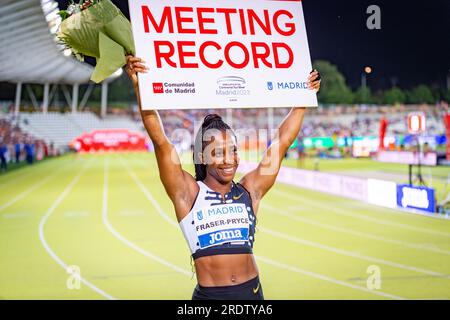 Shelly-Ann FRASER-PRYCE dopo aver vinto la gara di sprint femminile di 100 metri durante il &#XA;WACT/Europe Silver Athletics Meeting celebrato a Madrid, Spa Foto Stock