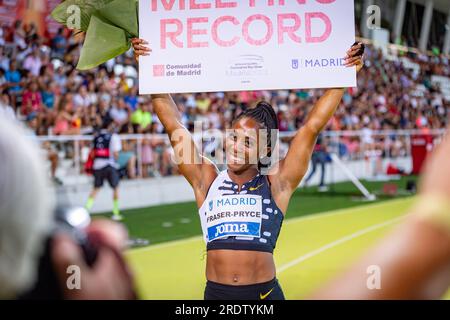 Madrid, Madrid, Spagna. 22 luglio 2023. Shelly-Ann FRASER-PRYCE dopo aver vinto la gara femminile di sprint di 100 metri durante il .WACT/Europe Silver Athletics Meeting celebrato a Madrid, in Spagna, allo stadio Vallehermoso sabato 22 luglio 2023 (Credit Image: © Alberto Gardin/ZUMA Press Wire) SOLO PER USO EDITORIALE! Non per USO commerciale! Foto Stock