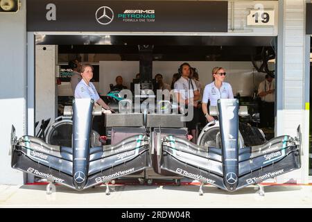 Mogyorod, Ungheria. 23 luglio 2023. Hungaroring, Mogyorod, Ungheria, 23 luglio 2023, Mercedes-AMG Petronas F1 Team&#XA;&#XA;durante LA GARA, domenica 23 luglio DI FORMULA 1 QATAR AIRWAYS GRAN PREMIO D'UNGHERIA 2023 - Lug 21 a Lug 23 2023 Hungaroring, Budapest, Ungheria durante il Gran Premio d'Ungheria 2023 di Formula 1 Qatar Airways, Campionato del mondo di Formula 1 - gara - Campionato di Formula 1 credito: Live Media Publishing Group/Alamy Live News Foto Stock