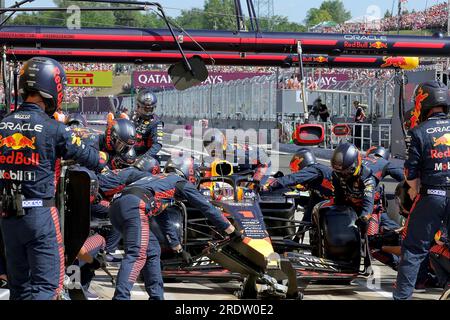 Budapest, Ungarn. 23 luglio 2023. 23 luglio 2023, Hungaroring, Budapest, Gran Premio di Formula 1 Gran Premio d'Ungheria 2023, nella foto pit stop a Max Verstappen (NLD), Oracle Red Bull Racing Credit: dpa/Alamy Live News Foto Stock