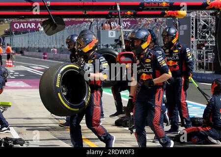 Budapest, Ungarn. 23 luglio 2023. 23 luglio 2023, Hungaroring, Budapest, Gran Premio di Formula 1 Gran Premio d'Ungheria 2023, nella foto pit stop a Max Verstappen (NLD), Oracle Red Bull Racing Credit: dpa/Alamy Live News Foto Stock