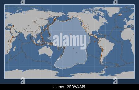 Placca tettonica del Pacifico sulla mappa del contorno solido nella proiezione cilindrica Patterson centrata meridionalmente. Distribuzione di vulcani noti Illustrazione Vettoriale