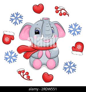 Grazioso elefante da cartoni animati con una sciarpa rossa in una cornice invernale. Illustrazione vettoriale di un animale con guanti, cuori rossi, bacche, fiocchi di neve blu. Illustrazione Vettoriale