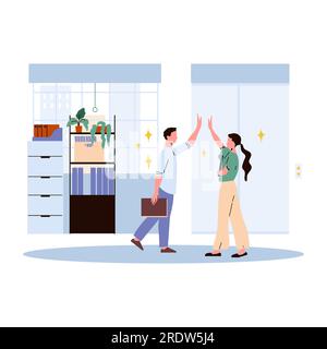 Uomo e donna che si salutano in ufficio, illustrazione vettoriale piatta per il concetto di progettazione aziendale e finanziaria Illustrazione Vettoriale