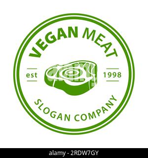 Logo Vegetarian Meat Premium. Logo di carne a base vegetale. Bistecca vegana con disegno vettoriale delle foglie. Carne vegana a base di piante. Illustrazione Vettoriale