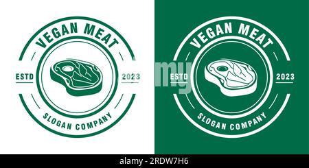 Logo Vegetarian Meat Premium. Logo di carne a base vegetale. Bistecca vegana con disegno vettoriale delle foglie. Carne vegana a base di piante. Illustrazione Vettoriale