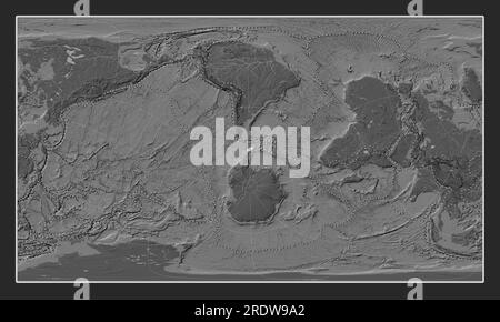 Placca tettonica delle Shetland sulla mappa di elevazione bilivello nella proiezione Patterson Cylindrical Oblique centrata meridionalmente e latitudinalmente. Boundari Foto Stock