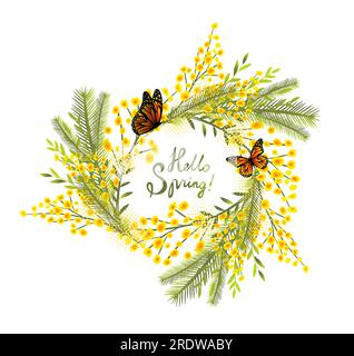 Mimosa gialla, fiori di macchie gialle, schizzi. Corona primaverile dei fiori gialli più luminosi. Ciao, primavera Illustrazione Vettoriale