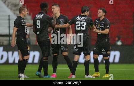 Anversa, Belgio. 23 luglio 2023. Dimitri Lavalee di Mechelen sembra depresso durante una partita di calcio tra Anversa FC e KV Mechelen, domenica 23 luglio 2023 ad Anversa, la "Super Cup", dove i campioni della Jupiler Pro League e il vincitore della Croky Cup Anversa incontrano il perdente della finale di Coppa Mechelen. BELGA PHOTO VIRGINIE LEFOUR Credit: Belga News Agency/Alamy Live News Foto Stock