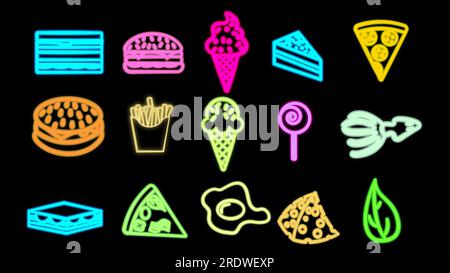 Set al neon luminoso e multicolore di 15 icone di piatti deliziosi e spuntini per il bar-caffetteria del ristorante: Hamburger, patatine fritte, gelato, bibite gassate, sandwich Illustrazione Vettoriale